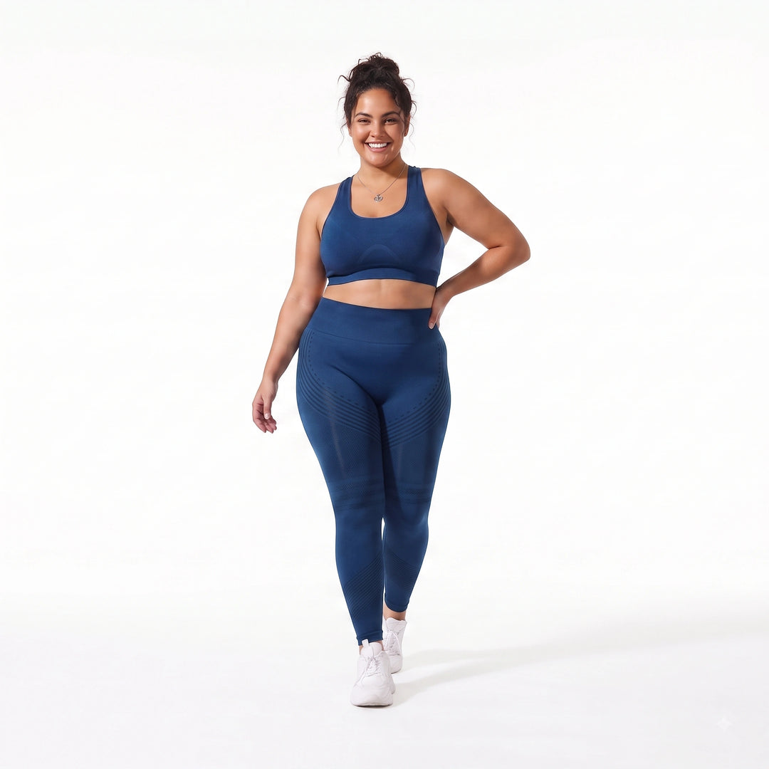 Vista frontal de mallas moldeadoras azul zafiro para mujer, mostrando un ajuste perfecto y control de abdomen para uso diario