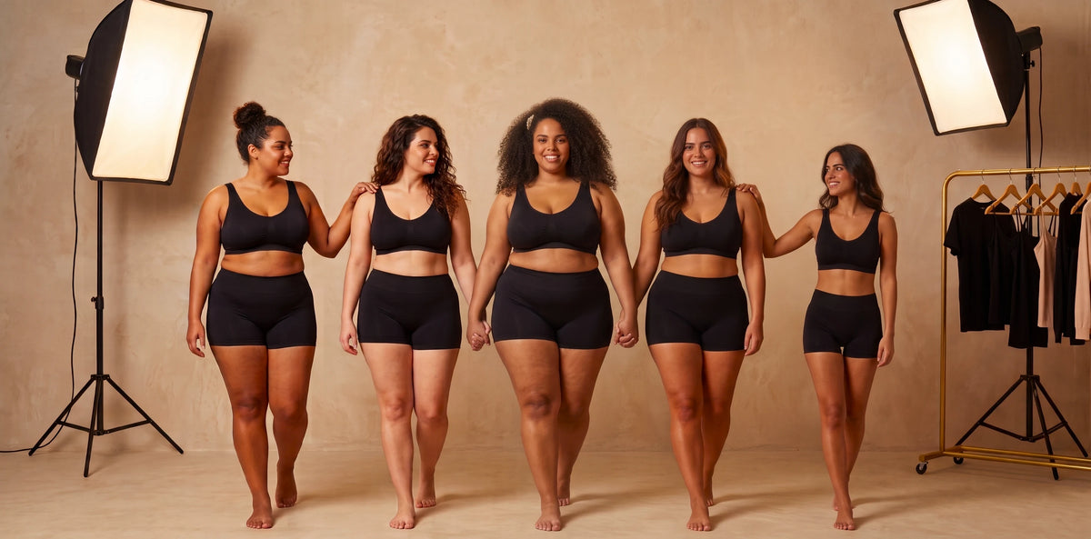 Grupo de mujeres diversas luciendo ropa de Kouva studio moldeadores negros de talle alto sobre fondo beige arena.