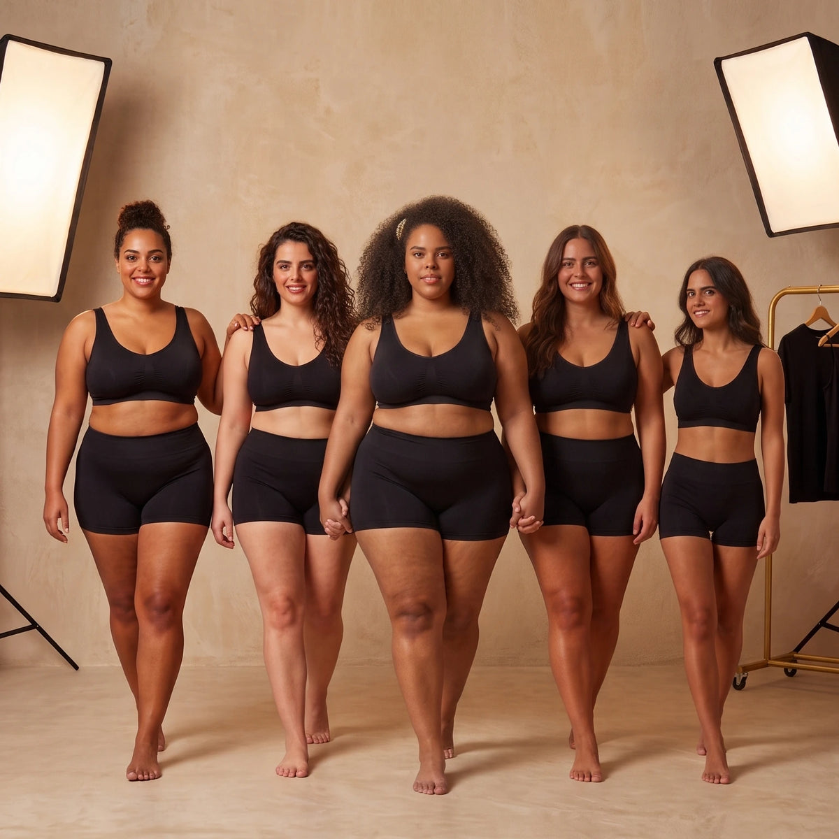 Grupo de mujeres diversas luciendo ropa de Kouva studio moldeadores negros de talle alto sobre fondo beige arena.